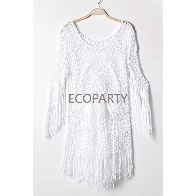 White Crochet Bikini Cover Up with Fringe Trim