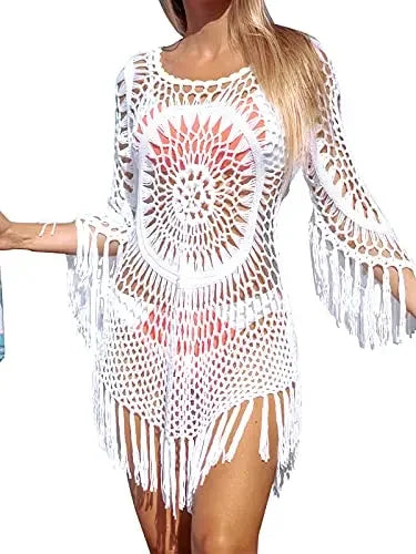 White Crochet Bikini Cover Up with Fringe Trim
