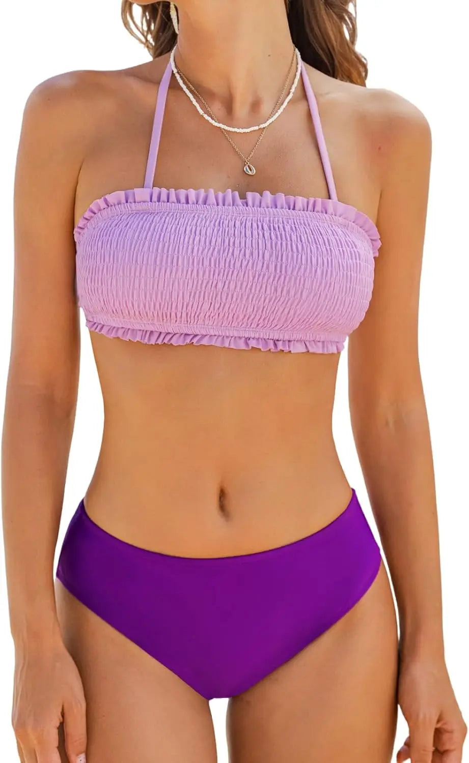 Smocked Tie Back Bandeau Mid Waist Bikini Set