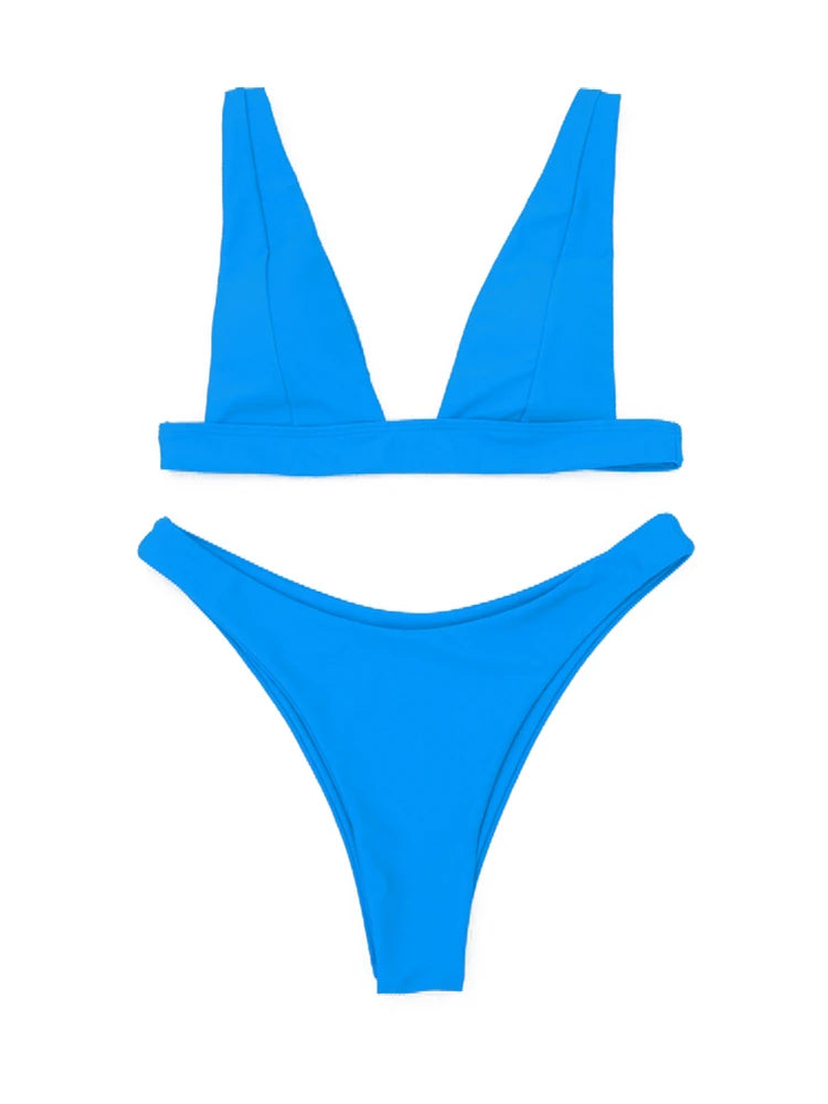 Solid V-neck Bikini SetTwo Piece