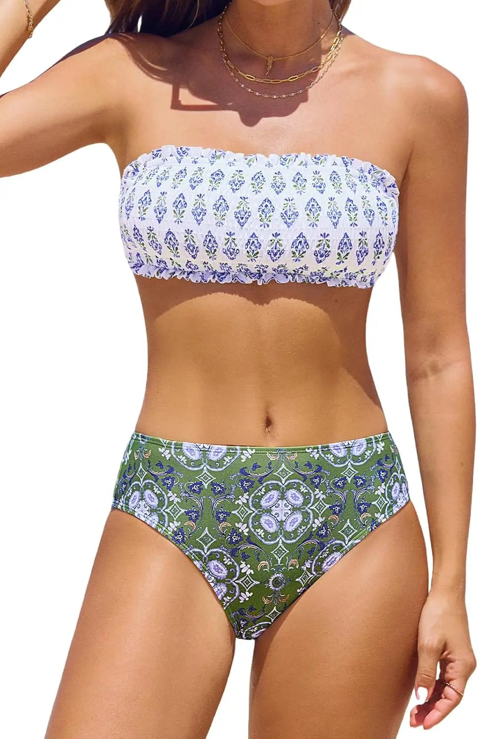 Smocked Tie Back Bandeau Mid Waist Bikini Set