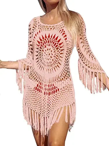 White Crochet Bikini Cover Up with Fringe Trim