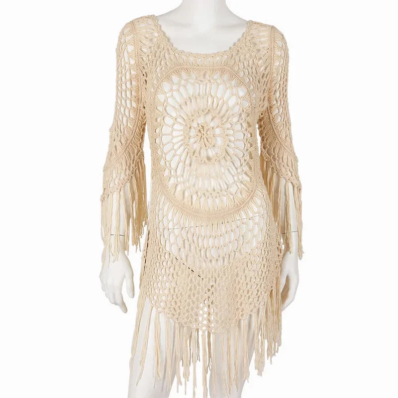 White Crochet Bikini Cover Up with Fringe Trim