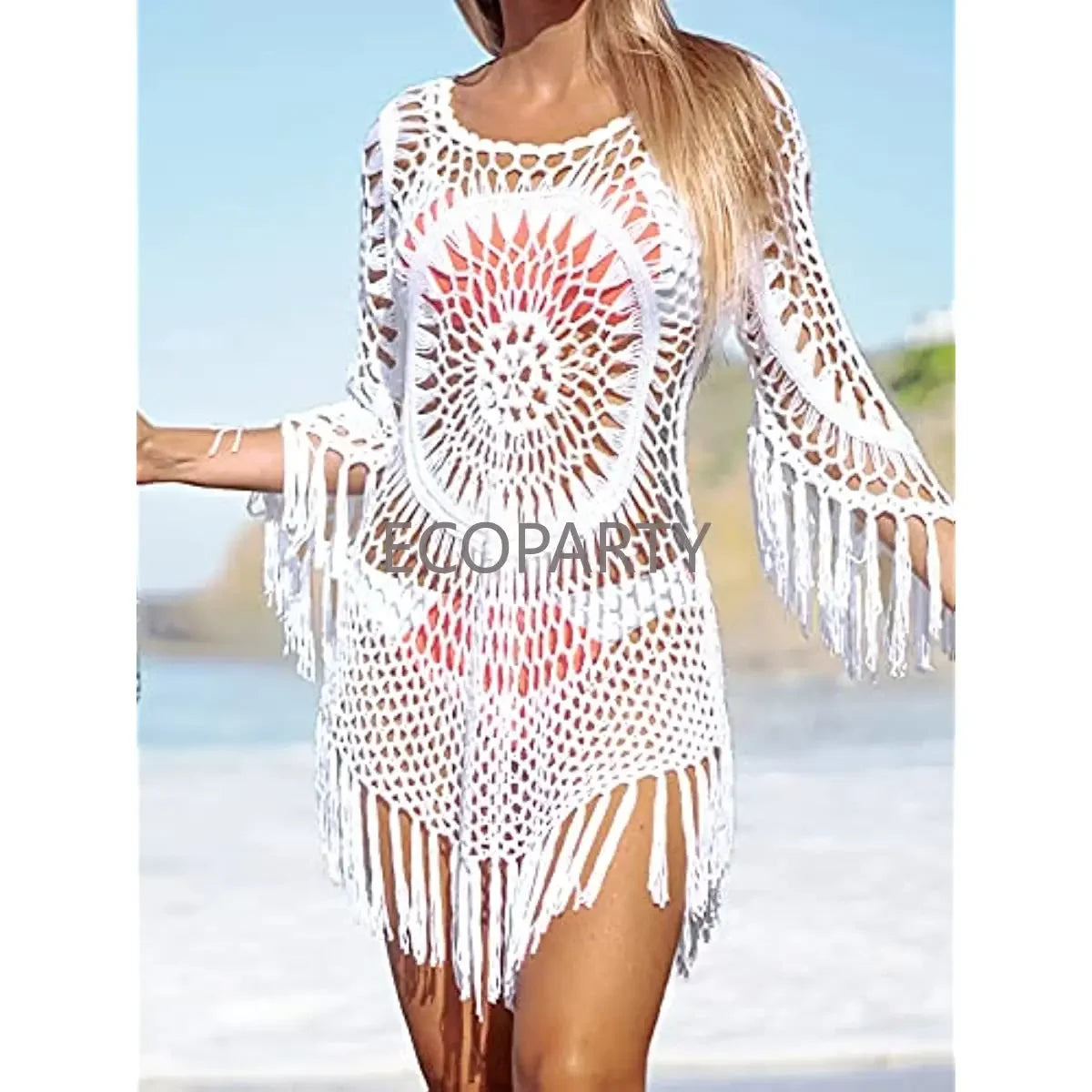 White Crochet Bikini Cover Up with Fringe Trim