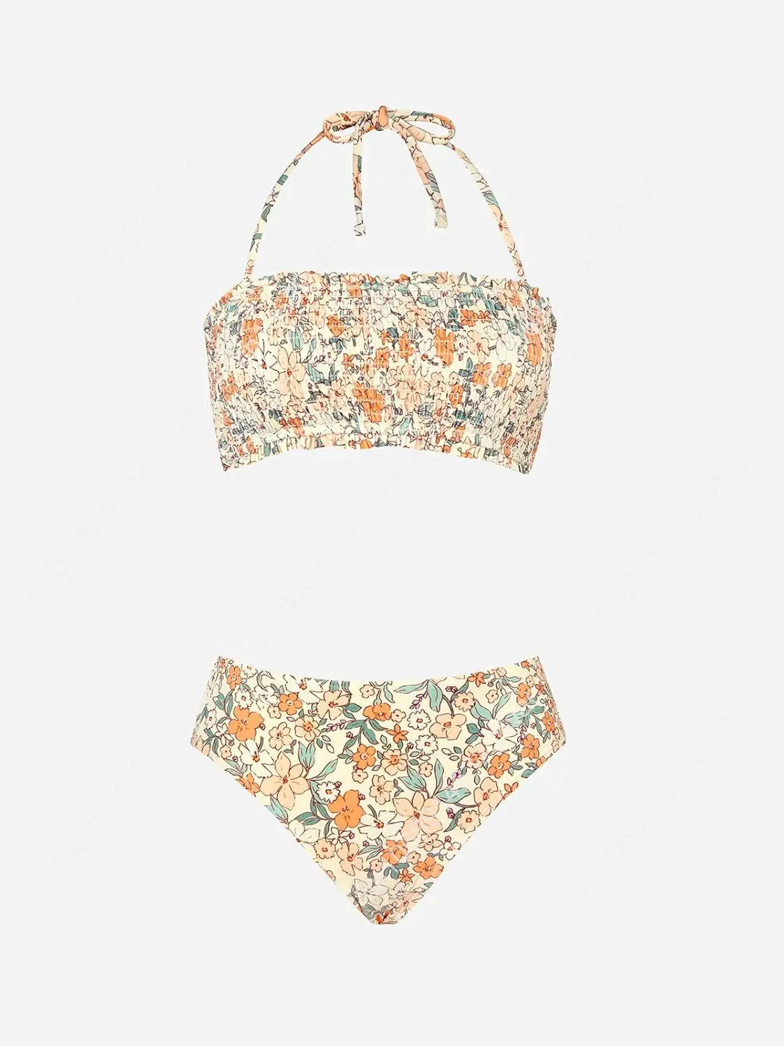 Smocked Tie Back Bandeau Mid Waist Bikini Set