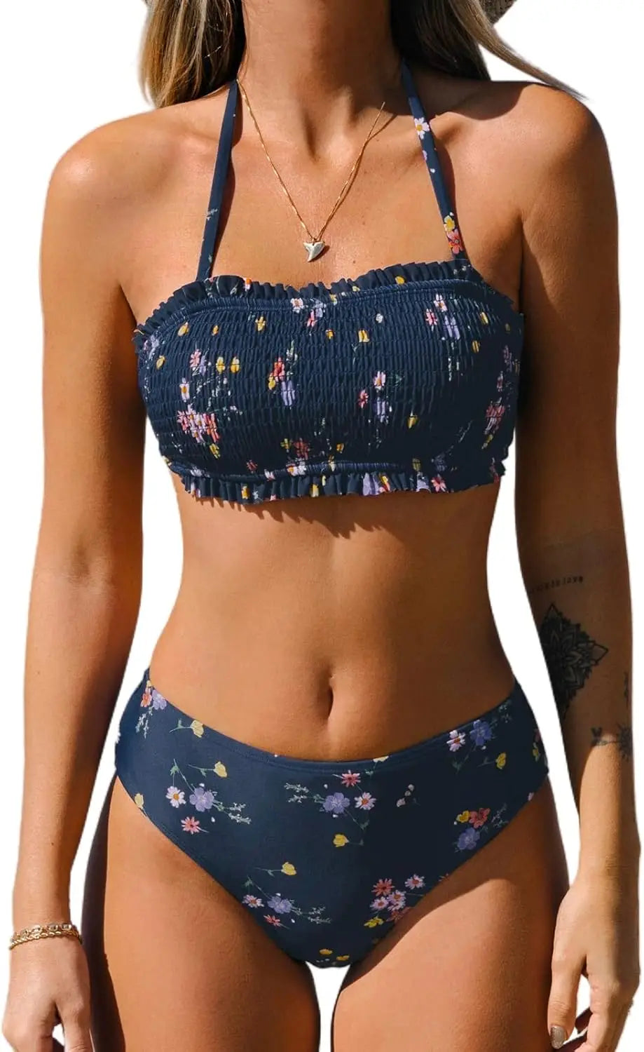 Smocked Tie Back Bandeau Mid Waist Bikini Set