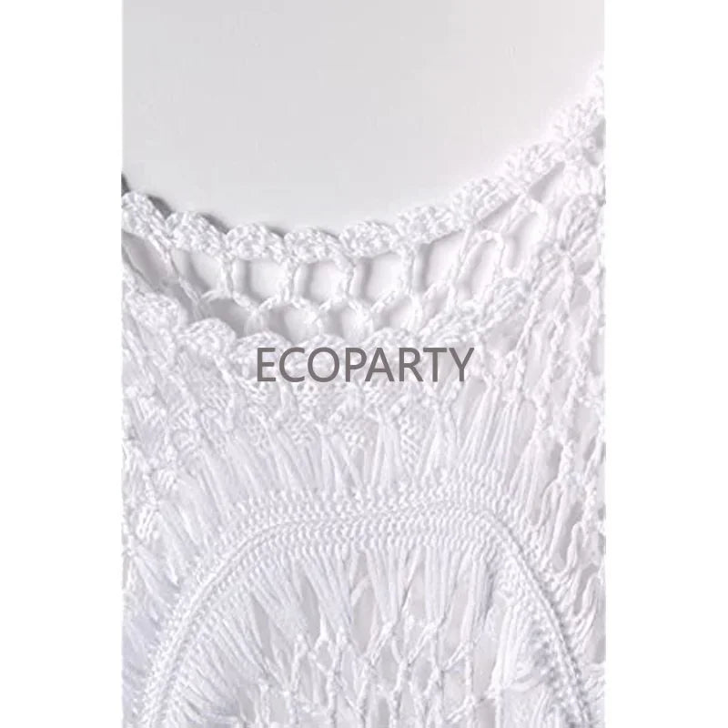 White Crochet Bikini Cover Up with Fringe Trim