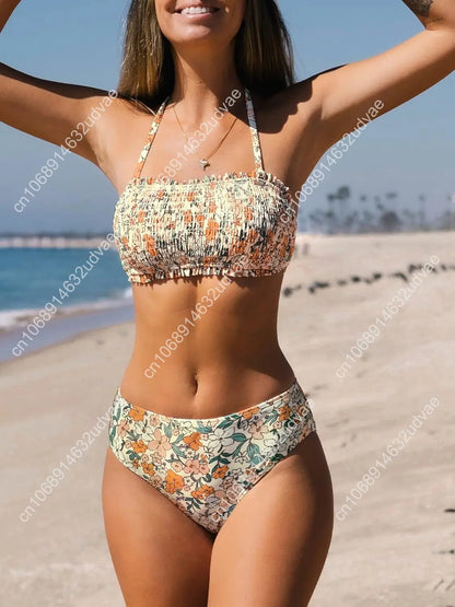 Smocked Tie Back Bandeau Mid Waist Bikini Set