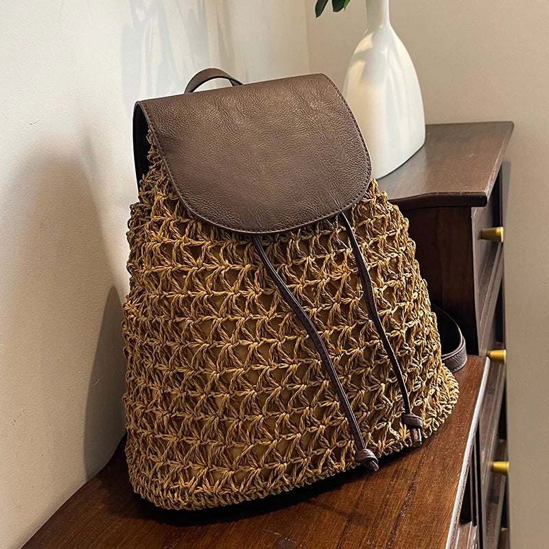 Summer Straw Drawstring Backpack