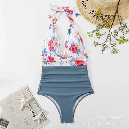 Floral Deep V-neck Halter One-Piece Swimsuit