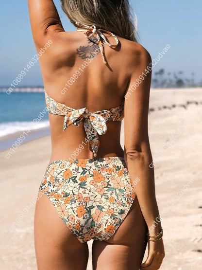 Smocked Tie Back Bandeau Mid Waist Bikini Set
