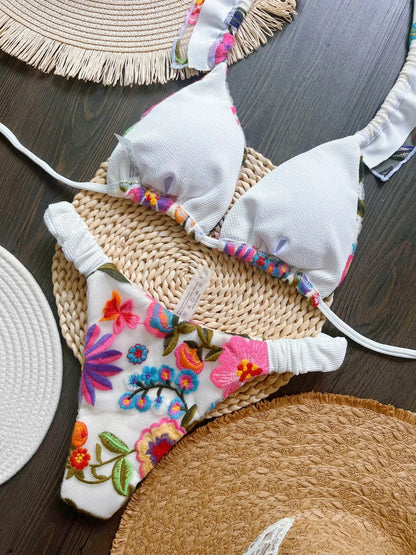 Green Floral Push Up Mid-Waist Bikini Set