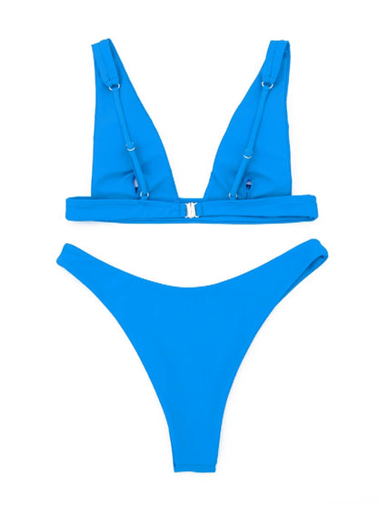 Solid V-neck Bikini SetTwo Piece