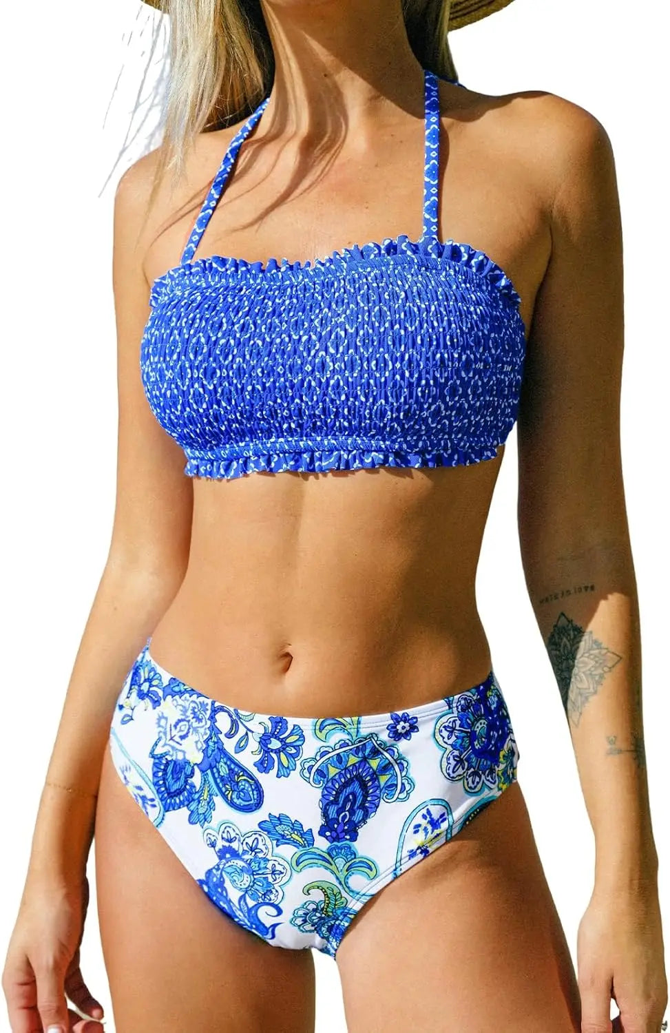Smocked Tie Back Bandeau Mid Waist Bikini Set
