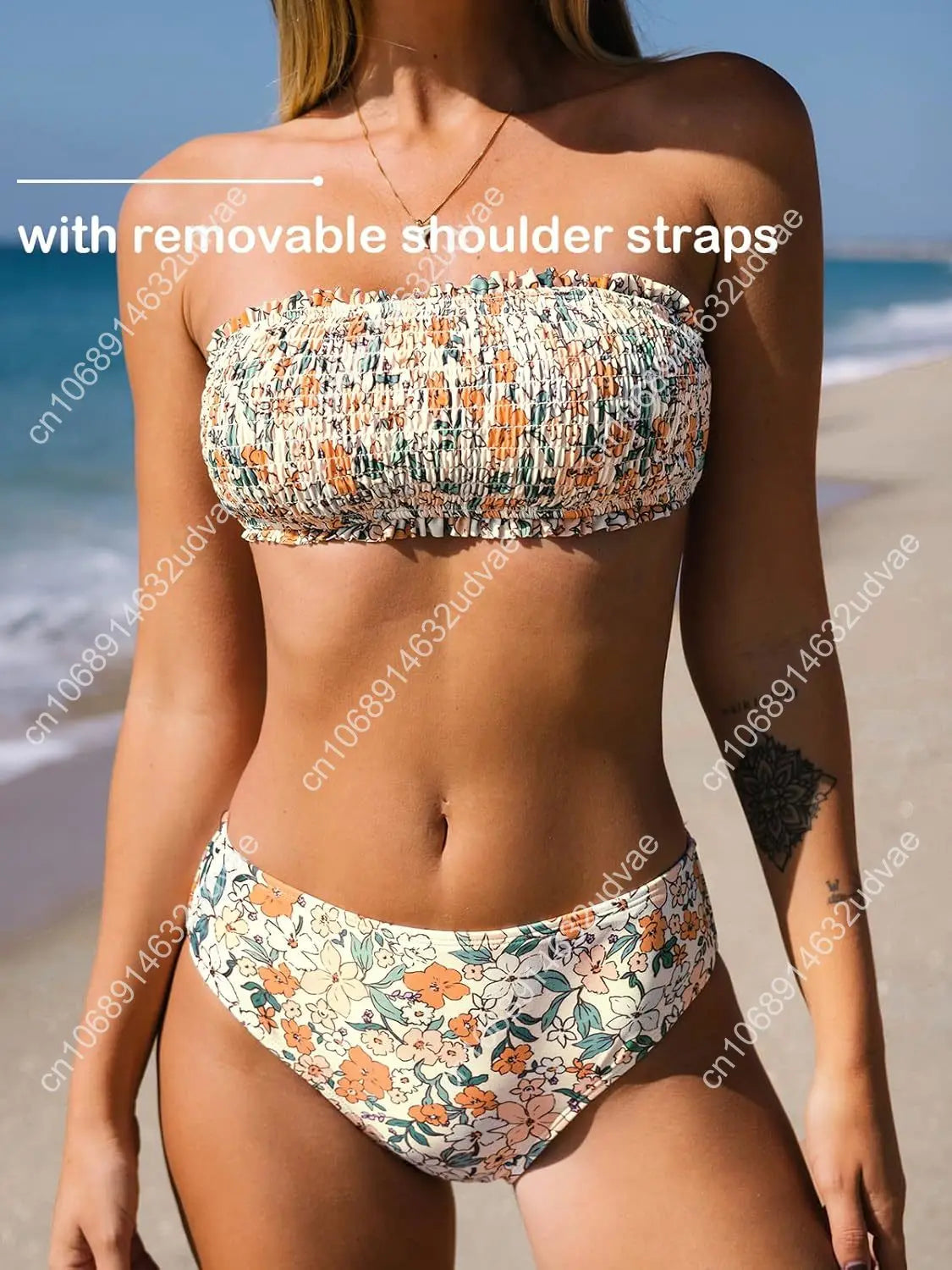 Smocked Tie Back Bandeau Mid Waist Bikini Set