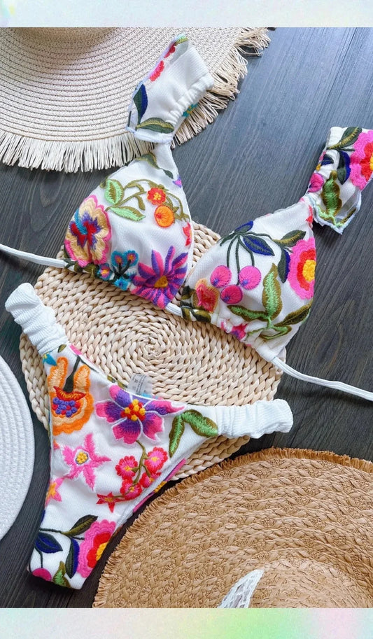 Green Floral Push Up Mid-Waist Bikini Set