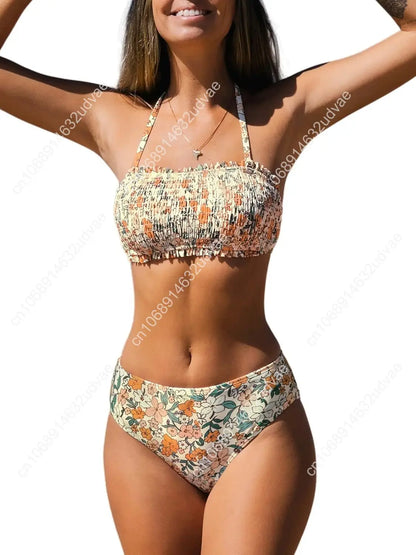 Smocked Tie Back Bandeau Mid Waist Bikini Set