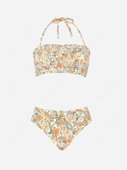 Smocked Tie Back Bandeau Mid Waist Bikini Set