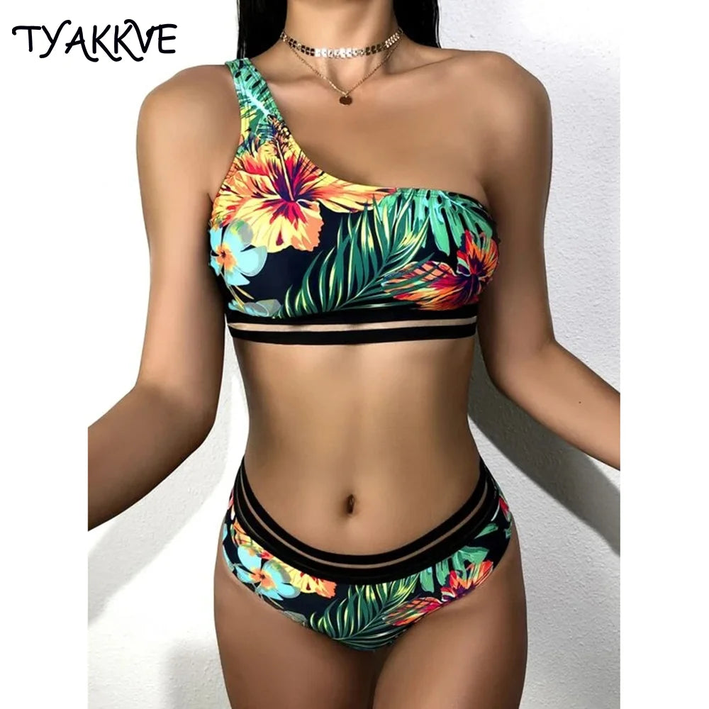 Elegant Green Floral High Waist Bikini